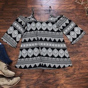 Adara • boho print cold shoulder tunic top black cream medallion batik block
